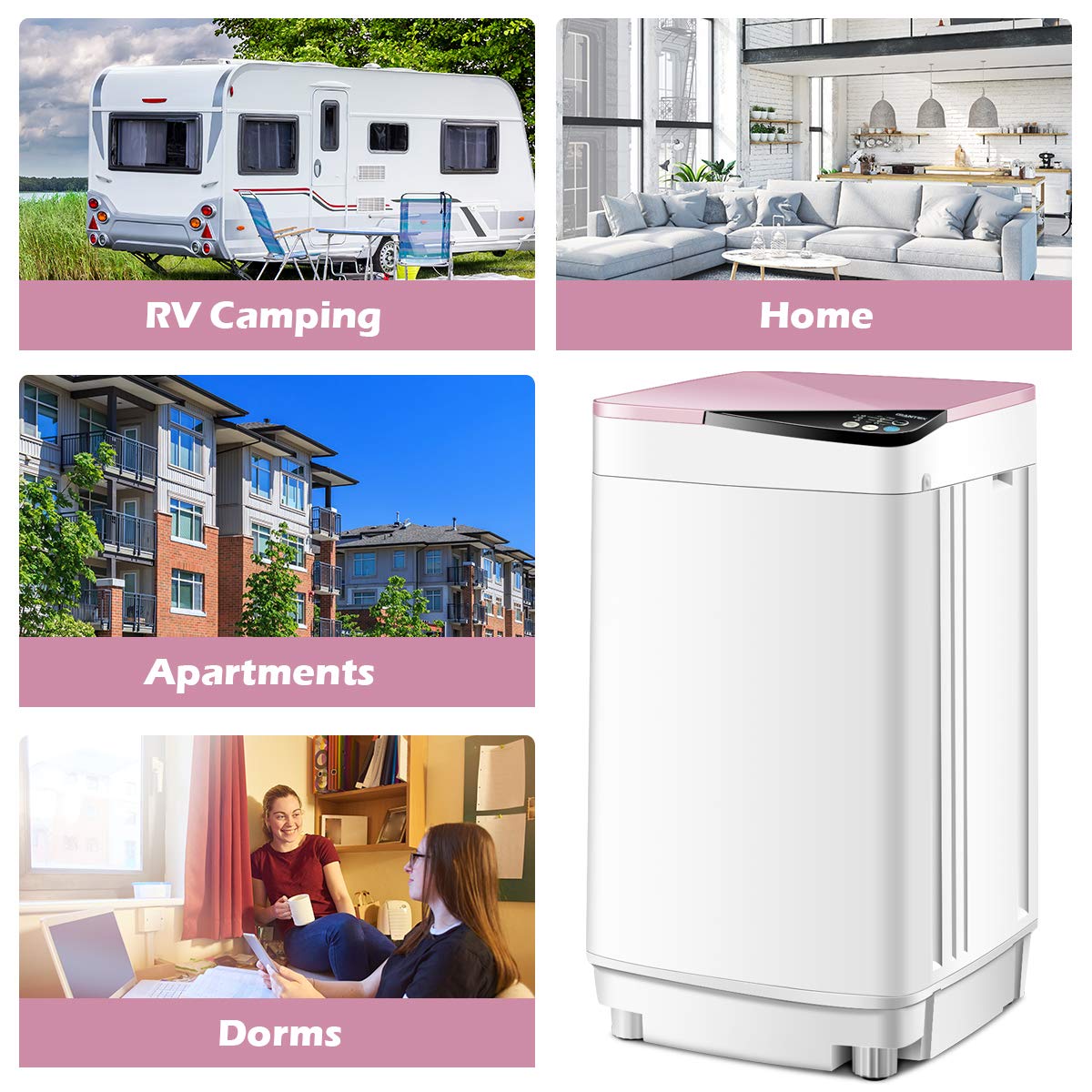 Giantex Full-Automatic Washing Machine Portable Washer and Spin Dryer 7.7 lbs Capacity Compact Laundry Washer with Built-in Barrel Light Drain Pump and Long Hose for Apartments Camping (White & Pink)