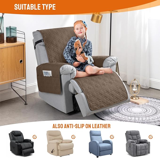 VANSOFY 100% Waterproof Recliner Chair Covers, Recliner Cover Non-Slip Dog Chair Cover Furniture Protector Washable Slipcover with Pocket, Elastic Straps for Pets, Dogs(Brown, 20")