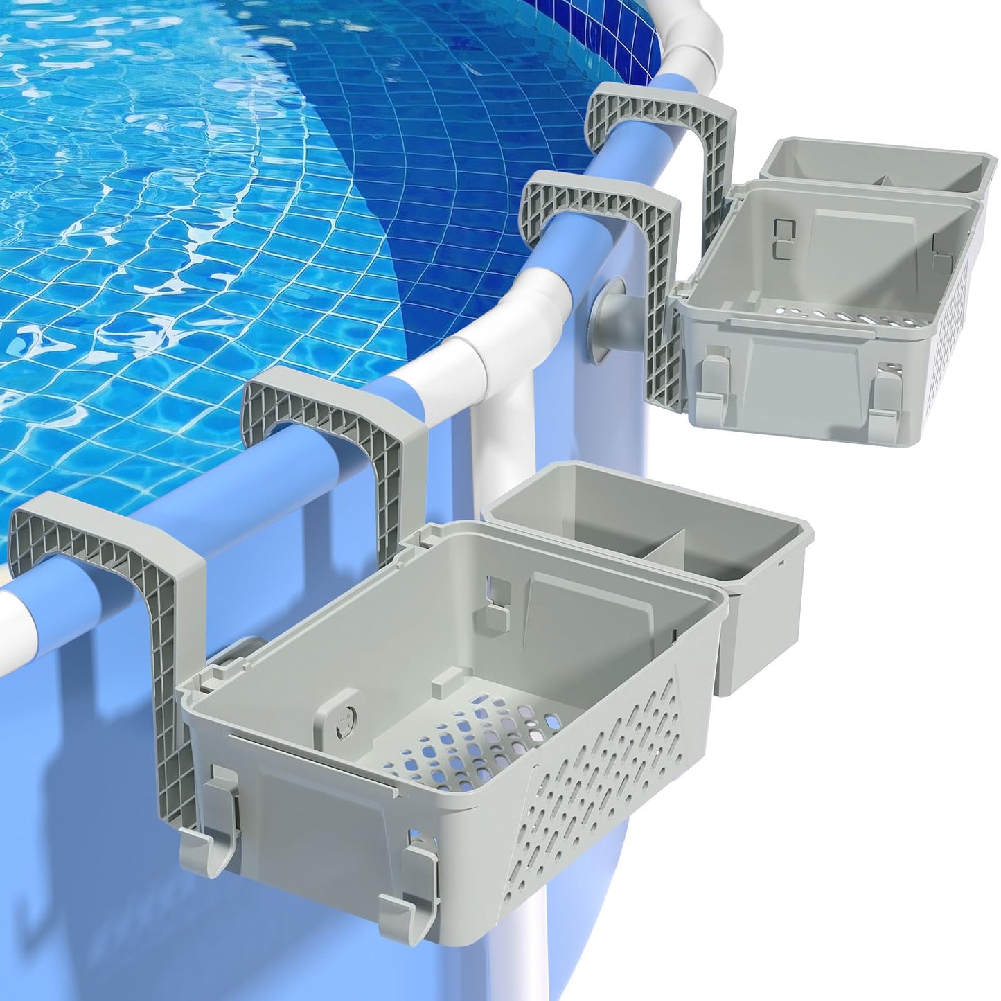 【2026 Upgrade】2-Pack Poolside Storage Basket with Cup Holder, Above Ground Pool Accessories, 3-in-1 Swimming Pool Hanging Storage Baskets to Organize Cups & Towels, Fits 3 Inch or Less Top Rail(Grey)