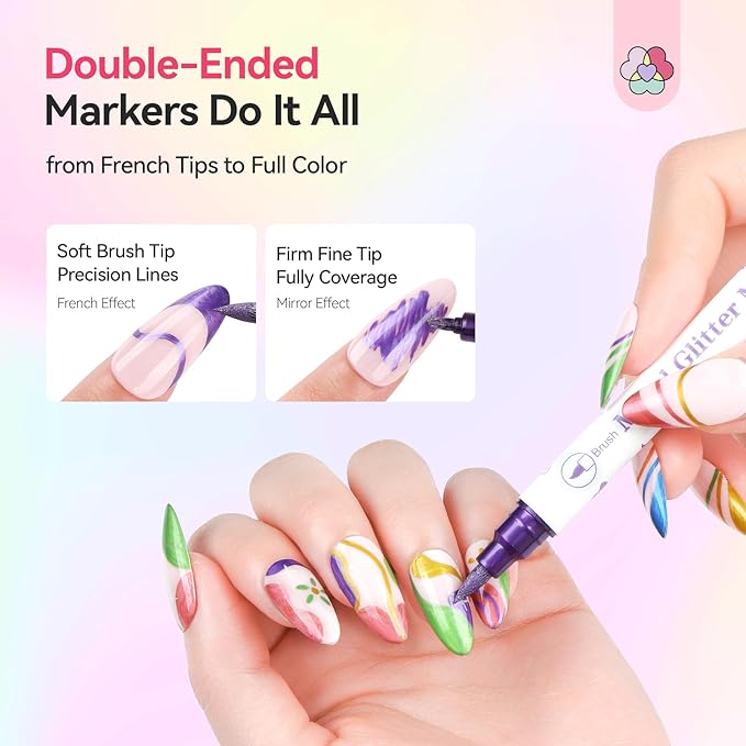 SAVILAND Nail Art Markers Set: 10 Dual-Tipped Metallic Quick Dry Nail Polish Art Pens Fine Tip for Painting Nails, Drawing Dots, Lines & Designs, Home DIY Nail Art Supplies