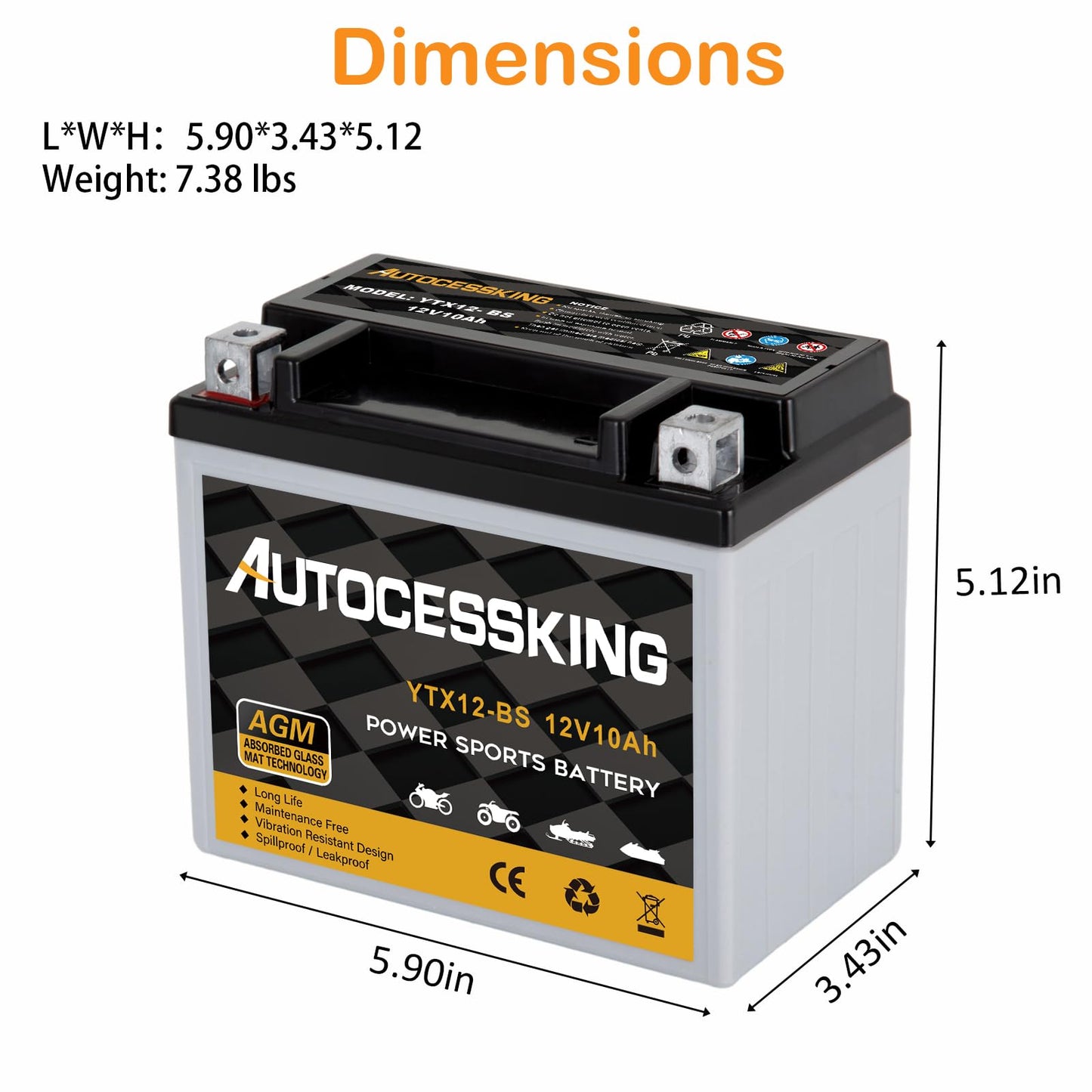 YTX12-BS Motorcycle Battery, 12V 10Ah Rechargeable Maintenance Free Sealed AGM Battery Powersport Replacement Battery for ATV and Scooter