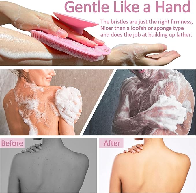 Soft Silicone Body Scrubber, Gentle Like a Hand Exfoliating Your Skin and Build Up Lather Easily, Back Large Suction Cup Easy to Store, Long-Lasting & Deep Clean (Pink)