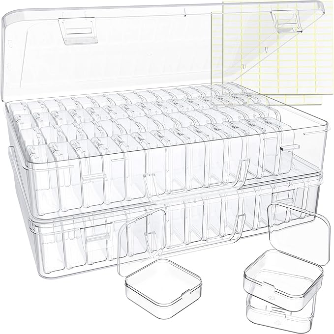 Bead Organizer Box, 120 Pack Small Clear Storage Boxes with Labels, Large Travel Craft Case with Handle, Mini Plastic Containers for Jewelry Making Diamonds DIY Pony Bracelet Screws Seeds Small Parts