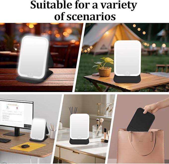 Rechargeable Travel Mirror with Light, LED Makeup Mirror with Lights, Portable Vanity Mirror with 3 Color Lighting, Touch Dimmable Lighted Cosmetic Mirror, Travel Essentials (Black)