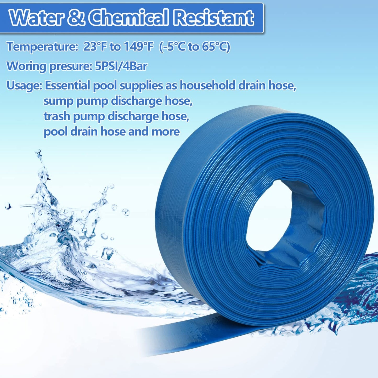 Gonioa 2 inches x 100 FT Heavy-Duty PVC Swimming Pool Backwash Hose, Reinforced Discharge Hose with Clamp for Swimming Pools, Blue
