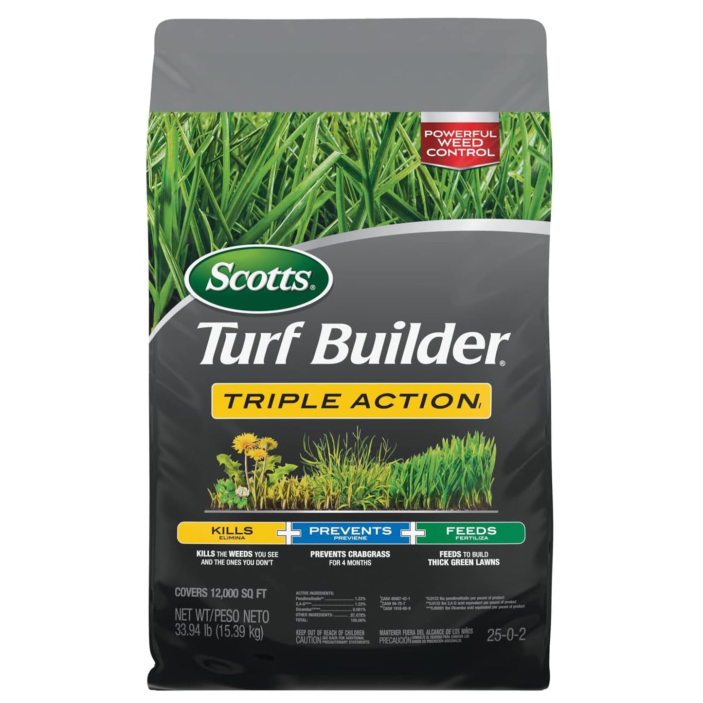 Scotts Turf Builder Triple Action1 - Weed Control, Lawn Weed Killer, Crabgrass Preventer, and Grass Fertilizer for Lawns, Covers 12,000 sq. ft., 33.94 lb.