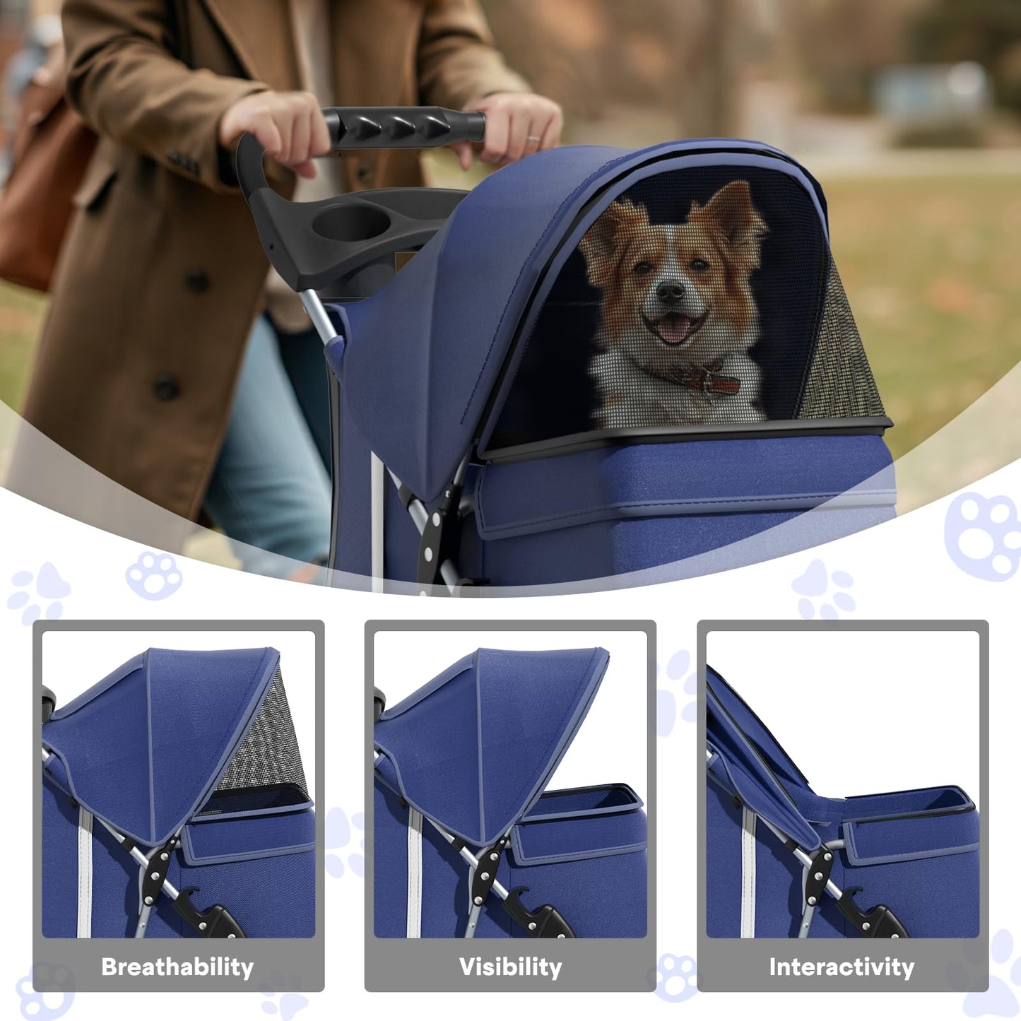 Pet Stroller for Small Dogs 10 lbs, Dog Stroller for Medium Dogs 30 lbs, Cat Strollers for 2 Cats, 3 Wheels Foldable Jogger Puppy Stroller with Storage Basket and Cup Holder, Navy Blue