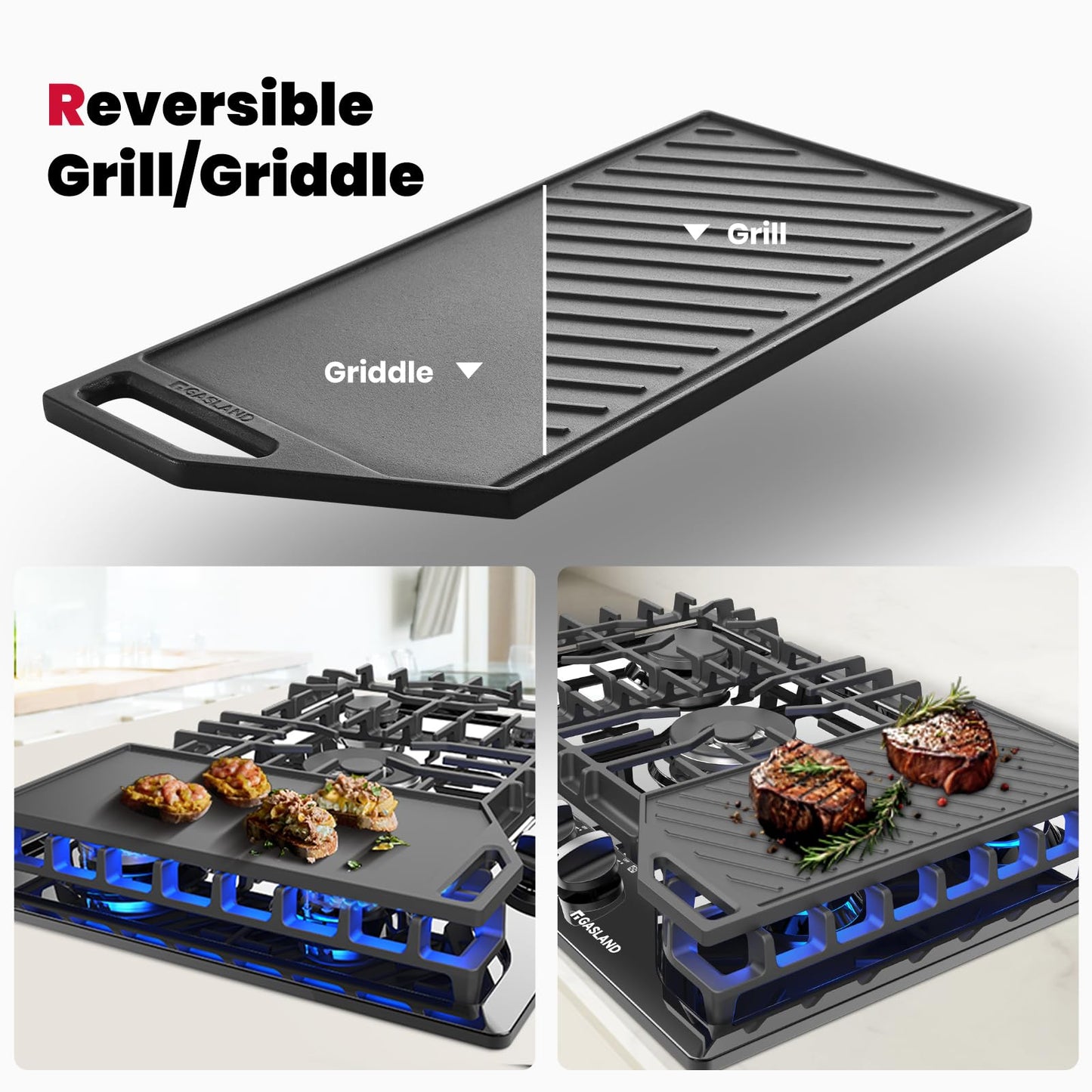 GASLAND Gas Cooktop 30 Inch with Griddle, Gas Stovetop with 5 Burners, Comes with Reversible Cast Iron Grill/Griddle, 120V Plug-in, NG/LPG Convertible, CSA Certified Black