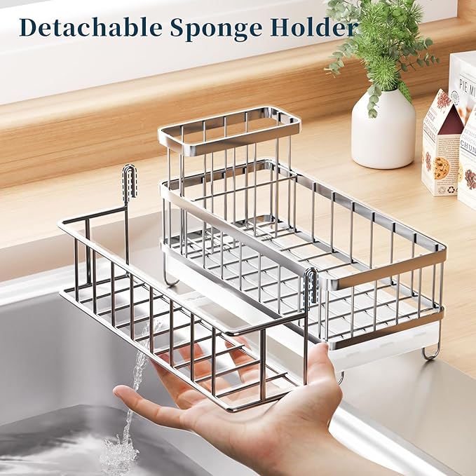 Consuemst Sponge Holder for Kitchen Sink - Auto Draining Sink Caddy Organizer with Detachable Rack, High Brush Holder, Kitchen Countertop Storage Accessories, Silver