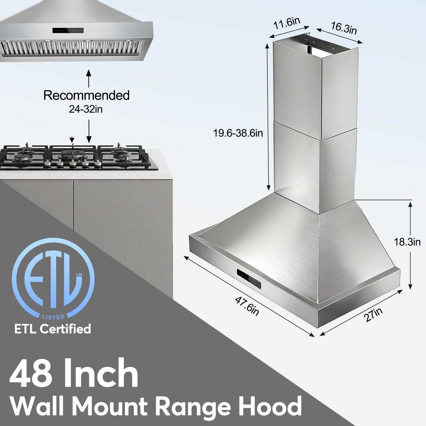 [Upgrade DC Motor] 48 Inch Range Hood Wall Mount, 1500 CFM with 6-Speed Gesture Sensing & Touch Control, Stainless Steel Ducted Kitchen Stove Vent Hoods with 4 Adjustable LED, Auto Delay Shut-Off
