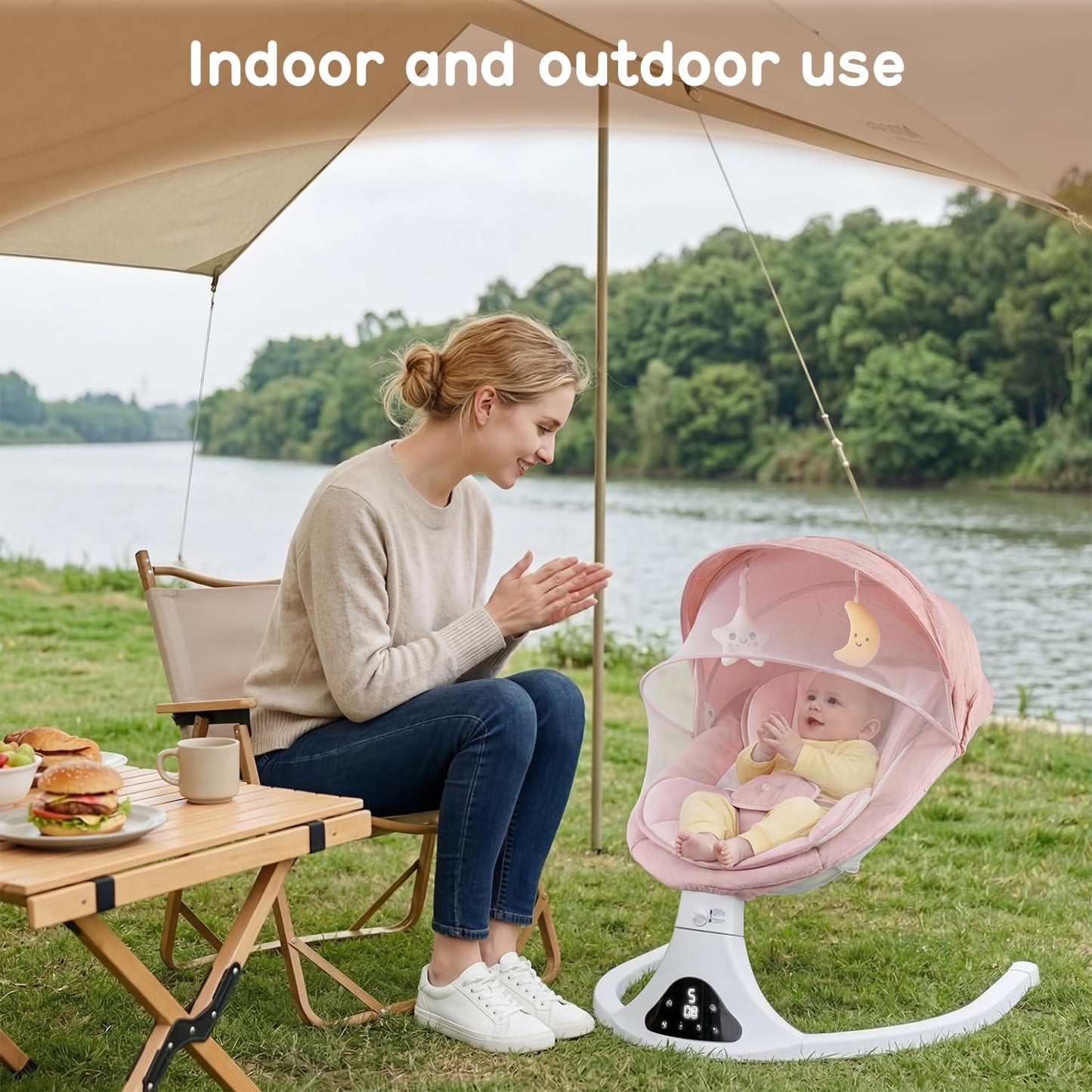 Electric Baby Swing with Remote Control - 5 Natural Motion Speeds, Detachable Seat Pad | Portable Infant Swing for Indoor/Outdoor Use (0-12M, 20lbs) (Pink)