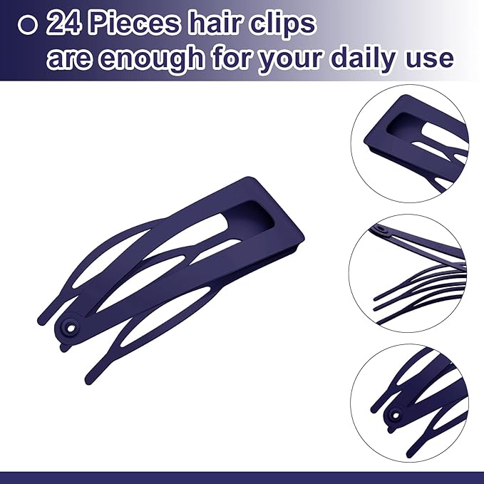 Chinco 24 Pcs Double Grip Hair Clips Metal Snap Clips Women Barrettes for Hair Making, Salon Supplies(Navy Blue,2 Inch)