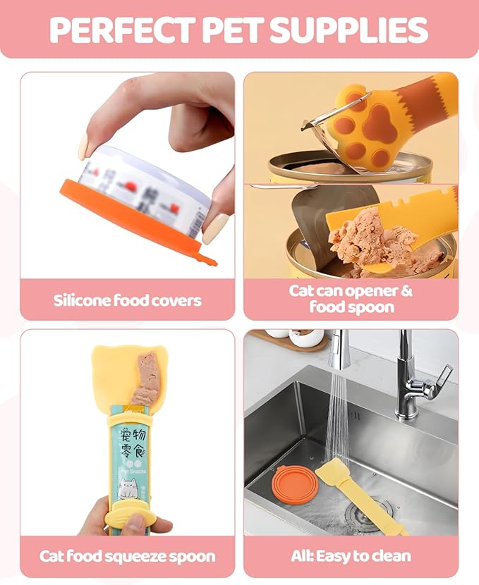 5 PCS Cat Food Can Covers Lids Set, Silicone Pet Food Can Lids with Multi-Function Cat Food Spoon and Opener, Cat Bar Squeezer, Stainless Steel Wet Food Spoon for Cats and Dogs (Orange)