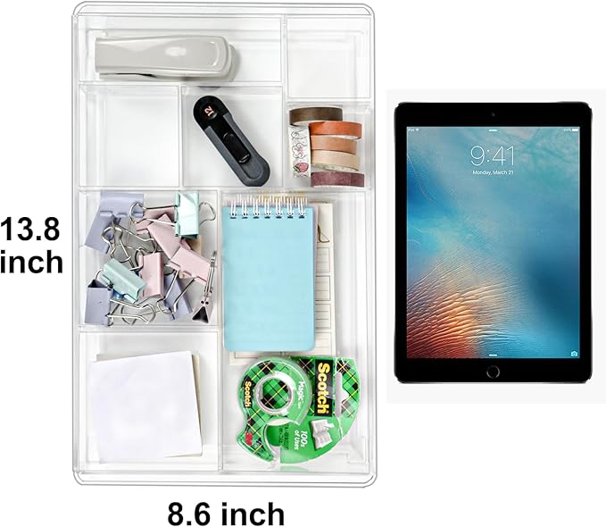 ZEXALOR 8-Section Clear Drawer Organizer, Large Acrylic Drawer Divider Tray for Desk,Bathroom,Office Makeup,Junk, Plastic Drawers Organizer 13.7" x 8.7" x 2" (8-Section)