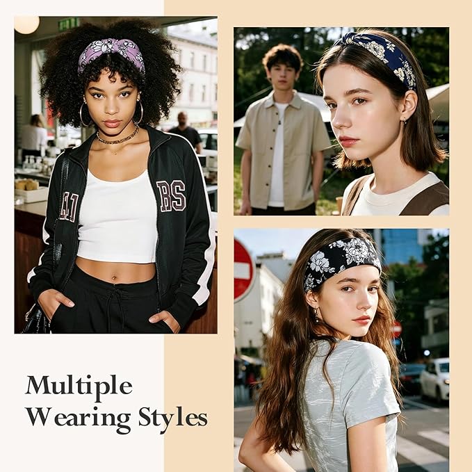HSEM Wide Headbands for Women 6-Pack – Non-Slip Boho Hair Bands, Thick Elastic Flower Head Bands – Large Knotted Soft Stretchy Sweat Bands for Sports, Yoga, Washing Face, Makeup, Running, Spa