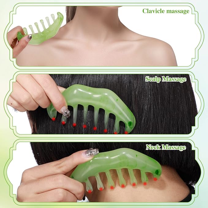 Geiserailie 2 Pcs Jade Combs Esthetician Supplies Massage Stone Hair Gua Sha Scraping Scalp Comb Facial Massage Tool Handheld Head Tools Head Caring Therapy Valentines for Women(Elegant Style)