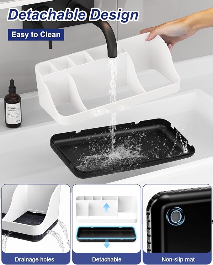 Bathroom Counter Organizer and Storage with 2 Pack Qtip Holder Dispenser, 7 Slots Detachable Toothbrush Holders for Bathrooms, Anti-Slip Electric Toothbrush and Toothpaste Holder Countertop