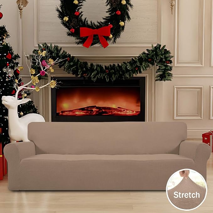 Easy-Going Stretch 4 Seater Sofa Slipcover 1-Piece Sofa Cover Furniture Protector Couch Soft with Elastic Bottom for Kids, Polyester Spandex Jacquard Fabric Small Checks Camel