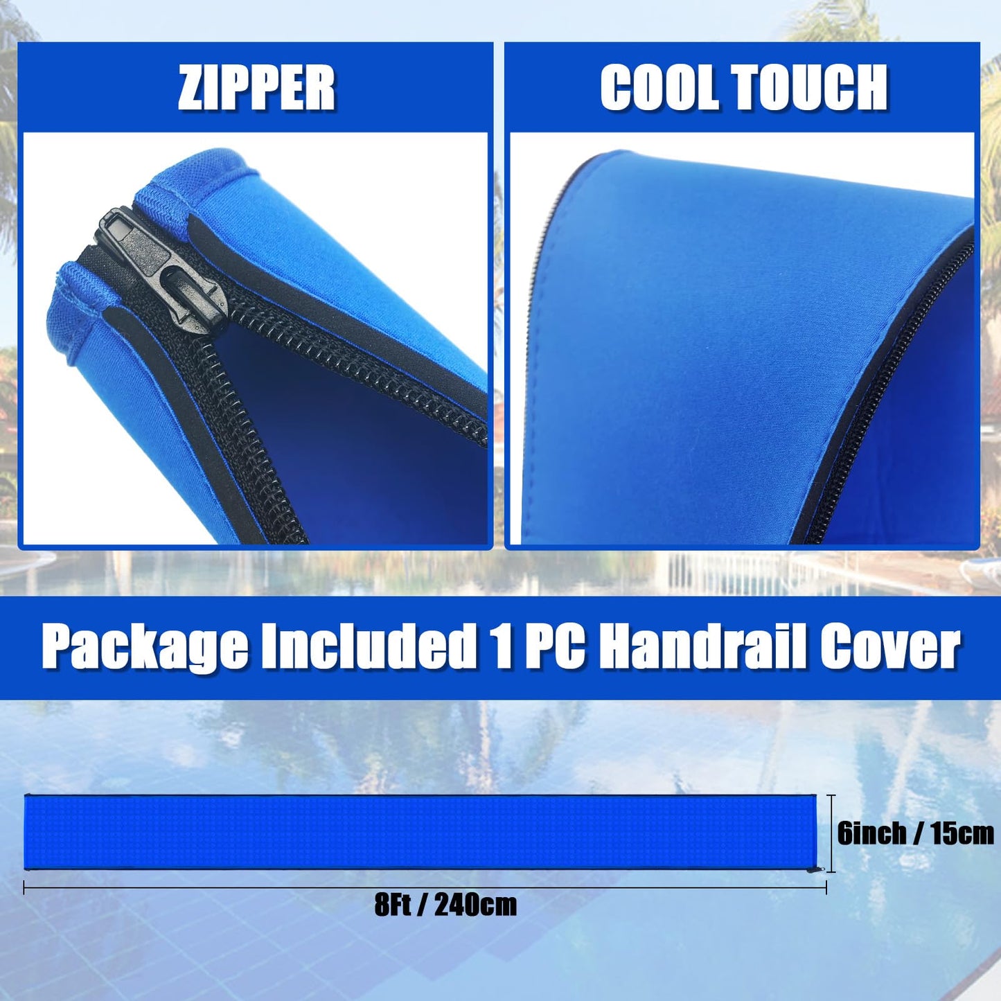 KETNET Pool Handrail Covers with Zippers for Inground Swimming Pools Hand Rail Cover, 4-10 ft Non Slip Cool Touch Heat Resistant, Blue, Anti-Slip Swim Pool Railing Ladder Handle Grip 6 Feet 1 Pack