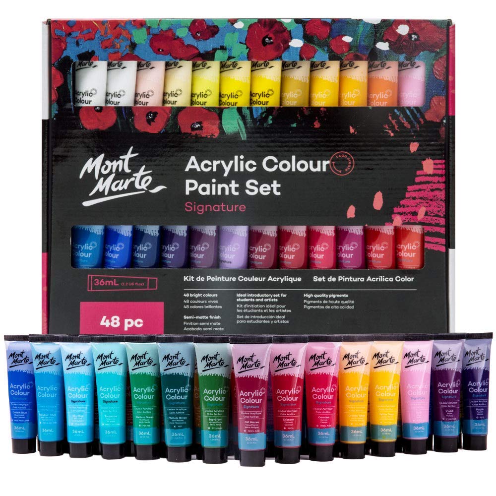 Mont Marte Acrylic Colour Paint Set Signature 48pc x 1.21 US fl.oz (36ml), Acrylic Paint Kit Ideal for Canvas, Wood, Air Dried Clay, Cardboard and More, Great Beginner Acrylic Paint Set, Includes 48 Colors