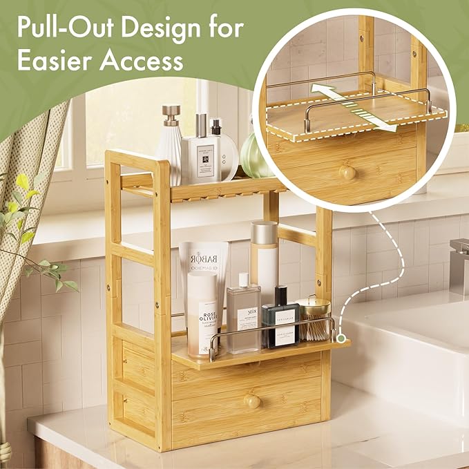 AmazerBath Bamboo Bathroom Countertop Organizer, 2-Tier Makeup Organizer with 2 Drawers, Vanity Organizer Storage Coffee Matcha Station, Compact Shelf for Bathroom Kitchen Office