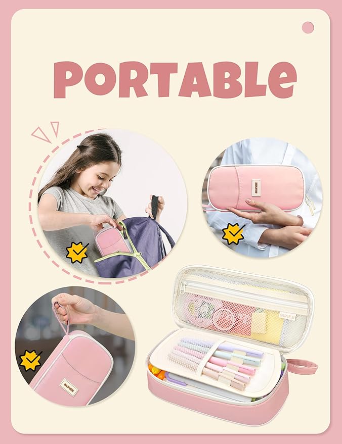 SUNEE Cute Pencil Case, Aesthetic Pen Pouch, Colored Large Pencil Bag with Zipper, Kawaii Stationery Storage and Organizer, School Supplies for Teen and Adult Girls, Pink