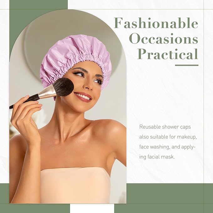 Reusable Shower Cap for Women, Large Waterproof Shower Bonnet with Elastic Band, Washable Bath Hair Cap for Long, Curly Hair, Braids, Daily Shower, Home Spa, Travel(Green&Purple)