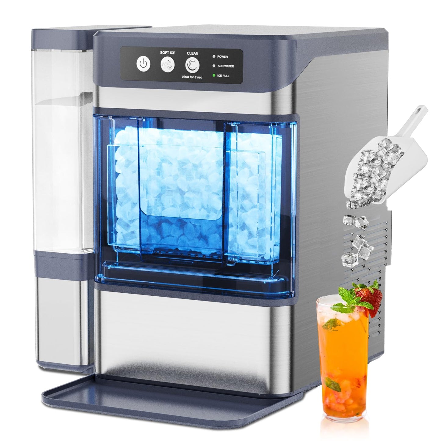 44 lbs/Day Nugget Ice Maker Countertop, Pebble Ice Machine with 0.8 Gal Water Tank 6-10 Mins Fast Ice Making for Home, Camping, Kitchen, RV (Silver)