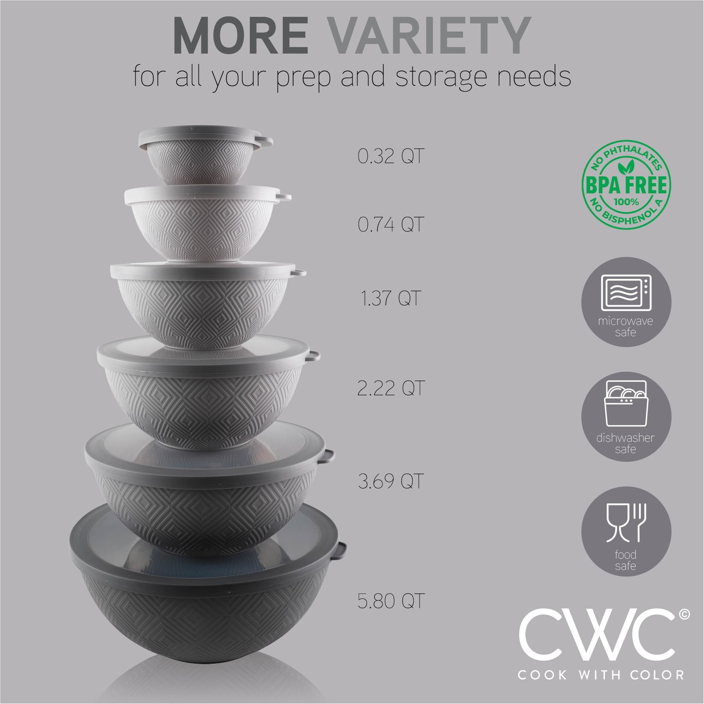 COOK WITH COLOR Mixing Bowls with Lids - 12 Piece Plastic Nesting Bowls Set includes 6 Prep Bowls and 6 Lids, Rhombus Design - Microwave Safe (Grey)