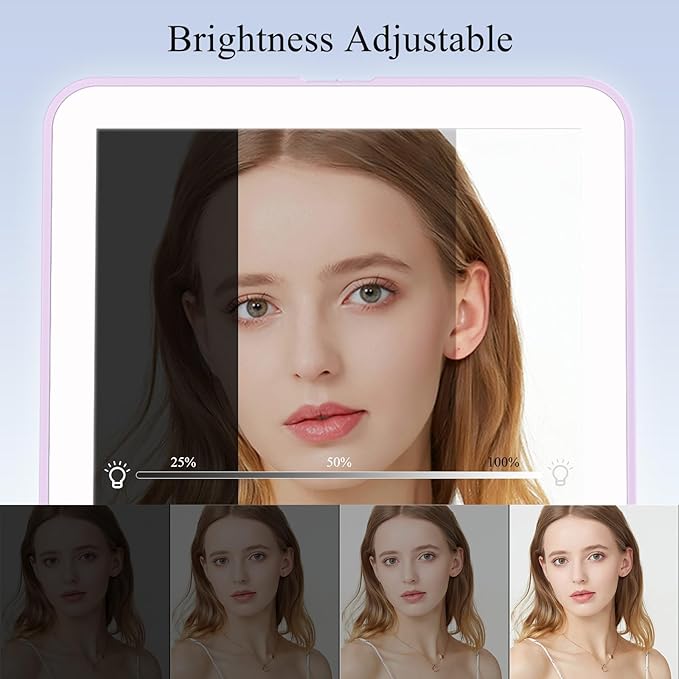 FUNTOUCH Rechargeable Travel Makeup Mirror Lights, Portable 72 Led Lighted Makeup Mirror, 3 Color Lighting, Dimmable Touch Screen, Type C, Tabletop LED Folding Cosmetic Vanity Mirror-Purple