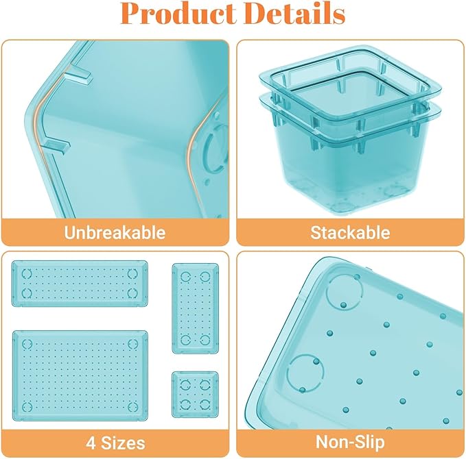 SpaceHacks 15 PCS Clear Plastic Drawer Organizer Set, 4-Size Acrylic Drawer Storage Trays, Storage Bins for Makeup, Gadgets, and Jewelry in Bathroom, Bedroom and Office, Clear Sea Blue