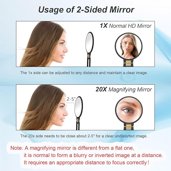 1x 20x Magnifying Travel Mirror, Hand Mirror with Handle - Double Side Hand Held Mirror with 1x 20x Magnification & Foldable Handle, Portable Travel Makeup Hand Mirror for Women (Black)