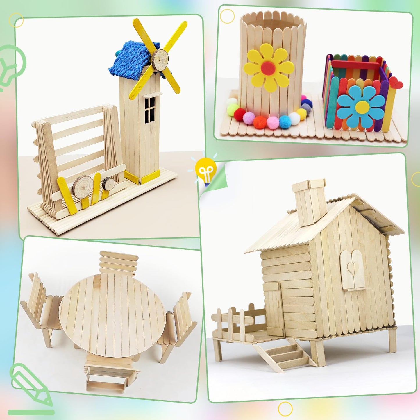 WISYOK 1500 Pcs Wooden Popsicle Sticks for Crafts, 4.5 Inch, Lollipop & Ice Cream Sticks for Creative Designs or DIY Craft, Home Art Projects