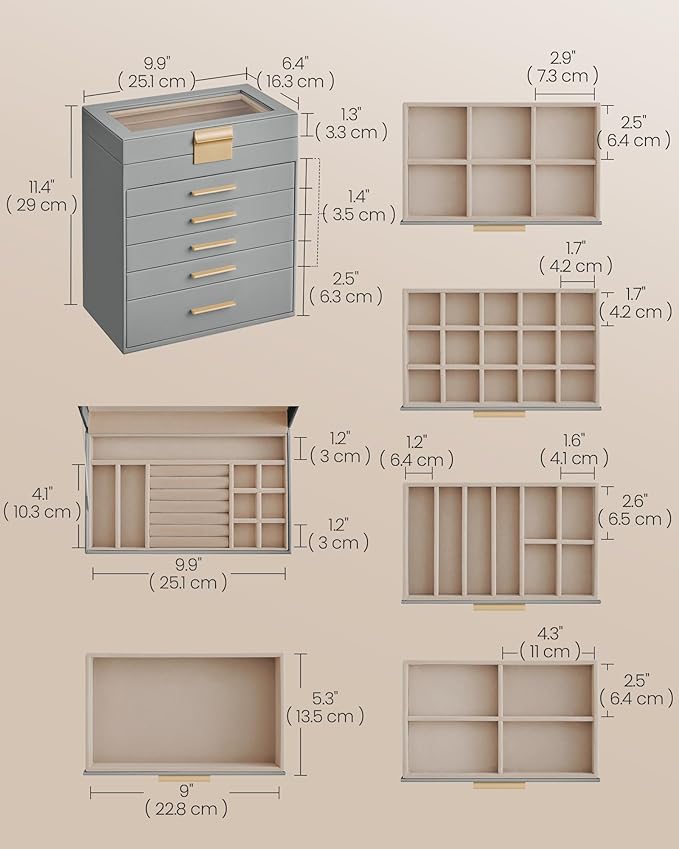 SONGMICS GISELLA Collection - Jewelry Box Organizer, 6-Layer Jewelry Storage with 5 Drawers, Shiny Metal Hardware, Glass Lid, Modern, 6.4 x 9.9 x 11.4 Inches, Dove Gray and Gold Color UJBC171G01