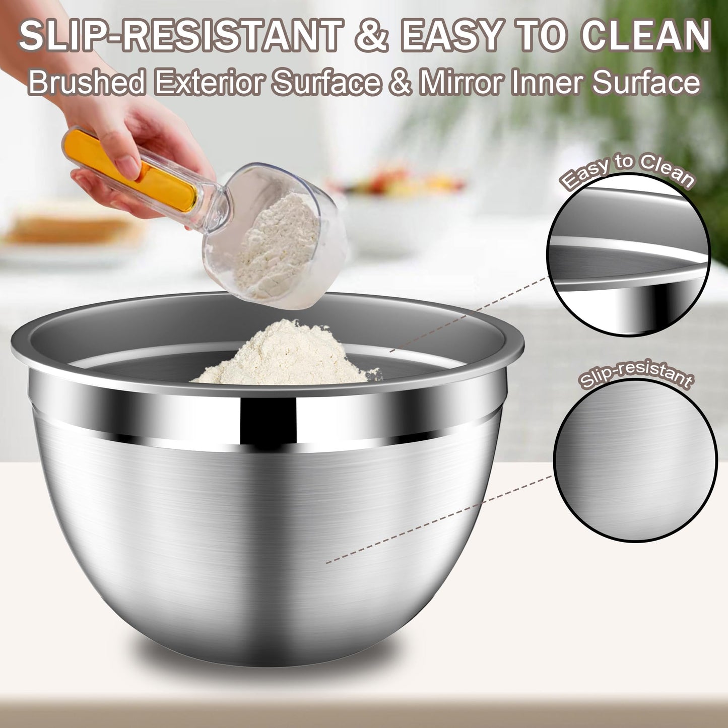 DUTZUN Stainles Steel Mixing Bowls with Lids Set, Stackable Metal Mixing Bowl with Strainer, 5-Piece - Beige
