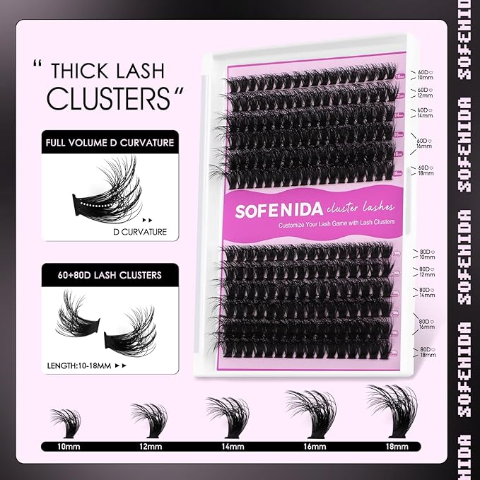 SOFENIDA Lash Extension Kit Thick Lash Cluster Kit 10-18mm Volume Eyelash Clusters D Curvature Cluster Eyelash Extensions Kit 3D Wispy Lash Clusters DIY Lash Extension Kit(60D 80D-10-18MIX Thick Kit)