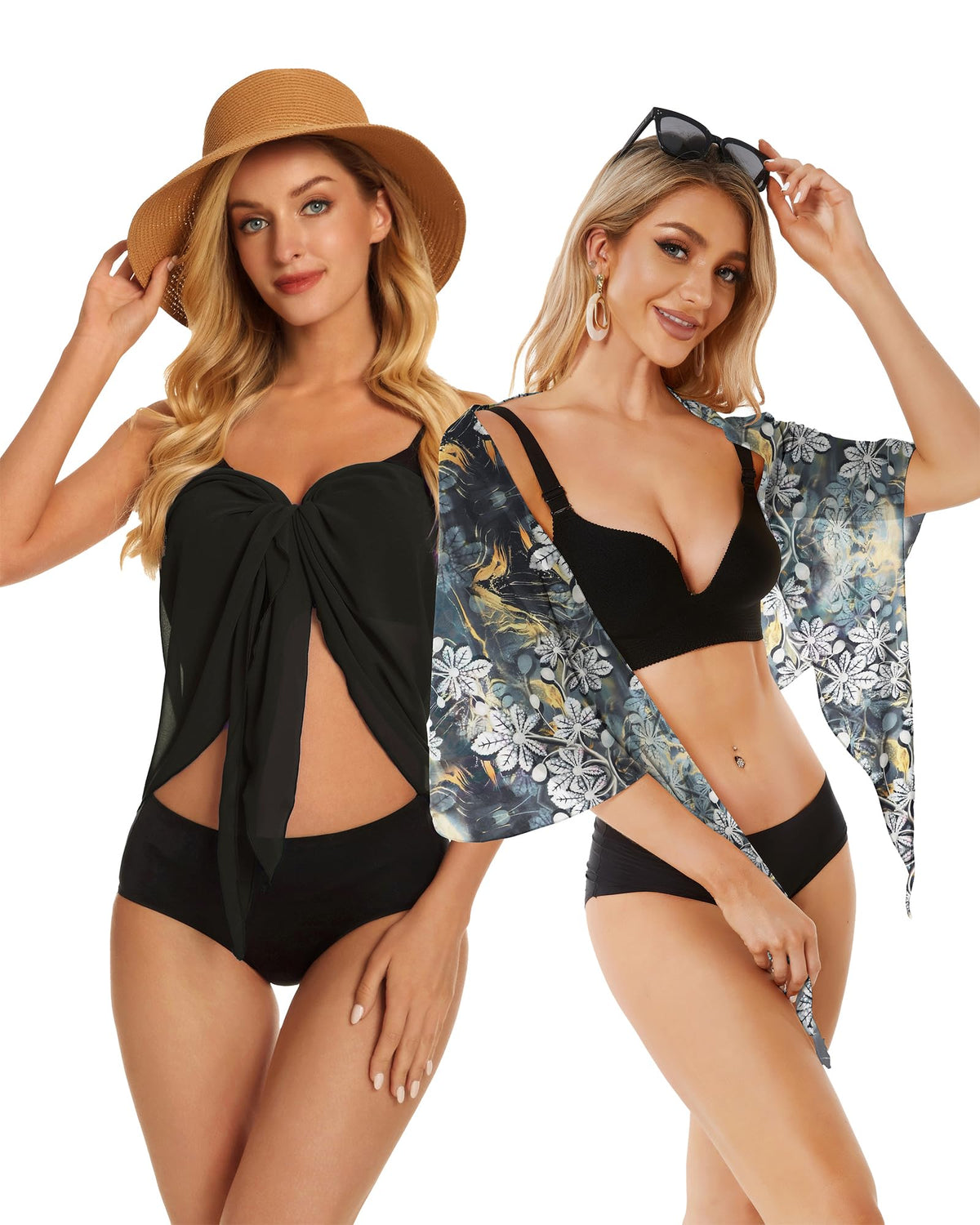 2 Pieces Sarong Cover Ups for Women Beach Bathing Suit Wrap Sheer Short Skirt Bikini Chiffon Scarf for Swimwear (Black, Grey White Flowers)