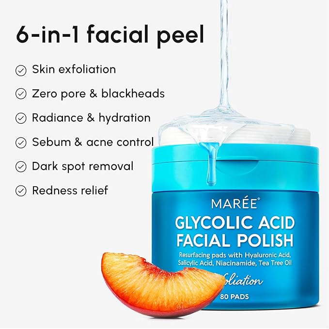 MAREE Glycolic Acid Pads Ã¢ÂÂ Toner Pads for Face Cleansing Ã¢ÂÂ Exfoliating Pad with Tea Tree Oil, Salicylic Acid & Vitamins E, B3, B5 Ã¢ÂÂ Acne Clearing, Skin Pore Resurfacing & Radiance Device - 80 Count