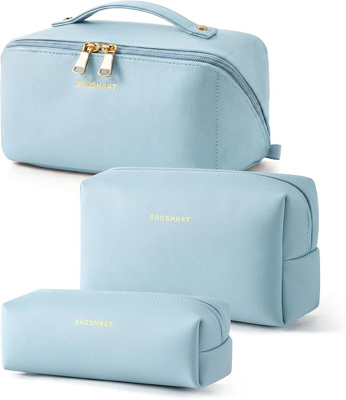 BAGSMART Makeup Bag Travel 3 Pcs Set Cosmetic Bag, Large Make Up Bag Flat Open Toiletry Bag for Women, PU Leather Travel Essentials Organizer Case, Wide-open Pouch for Skincare, Brushes,Sky Blue