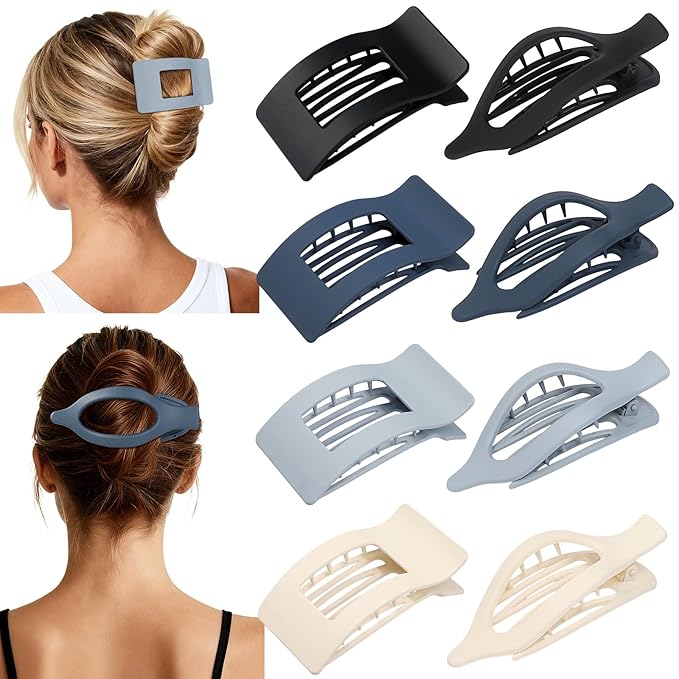 8Pcs French Flat Hair Clips for Women 2 Styles Claw Clips for Girls Matte Flat Hair Claw Clips for Thin and Thick Hair Large Non-slip Strong Hold Hair Accessories for Women (Blue)