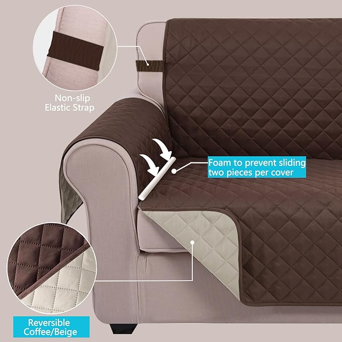U-NICE HOME Reversible Sofa Cover Washable Couch Cover for Dogs Friendly with Elastic Straps Water Repellent Furniture Protector for 3 Cushion Couch (Sofa, Coffee/Beige)
