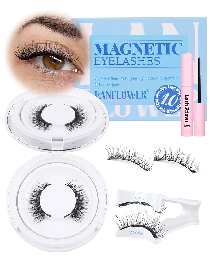 Lanflower Magnetic Eyelashes with Applicator Natural Look Magnetic Lashes with Lash Primer Wispy Magnetic Eyelashes Natural Look Reusable Cat Eye Lashes with Magnets No Need Glue