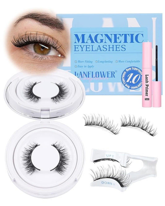 Lanflower Magnetic Eyelashes with Applicator Natural Look Magnetic Lashes with Lash Primer Wispy Magnetic Eyelashes Natural Look Reusable Cat Eye Lashes with Magnets No Need Glue