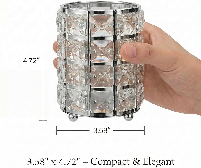 YAGELI Crystal Pen Holder for Desk, 3.58" Gold/Silver Pencil Cup, Elegant Office Desk Accessories for Women, Modern Home Office Decor, Teacher Gift - Compact Vanity Makeup Brush Organizer(Silver)