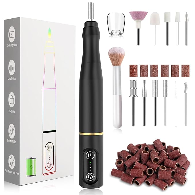 Cordless Nail Drill Electric Rechargeable File Kit, Professional Efile Acrylic Gel Nail Polish Remover Pedicure Manicure Machine Portable Set with 11 Bits 56 Sanding Bands for Salon Black