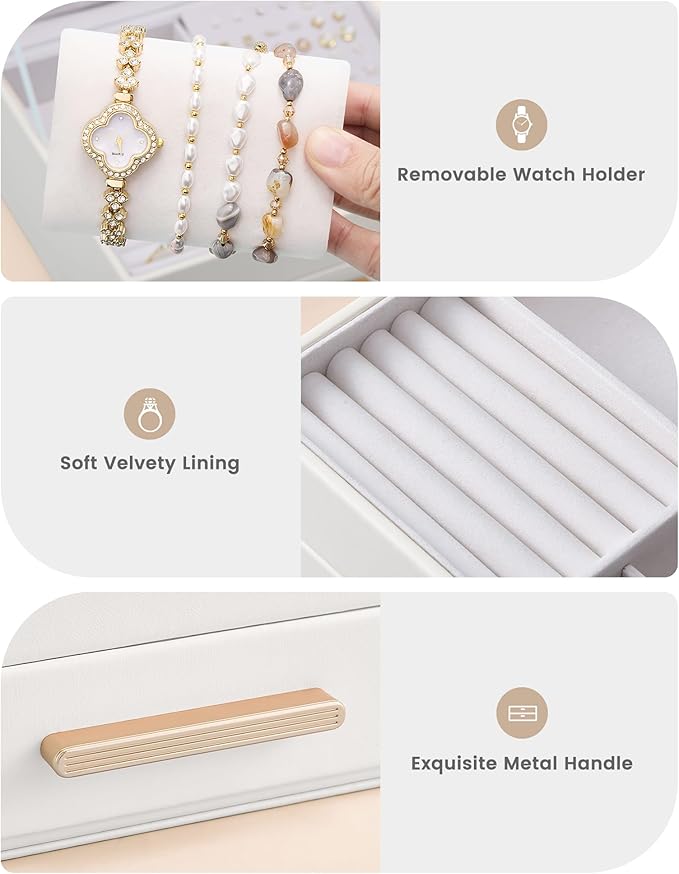 Lolalet 2-Layer Jewelry Box Organizer for Women Girls, Jewelry Storage Case Holder with Drawers for Necklaces Ring Earrings Bracelet Watch, Gifts for Galentines Valentines Girlfriend Wife -Beige