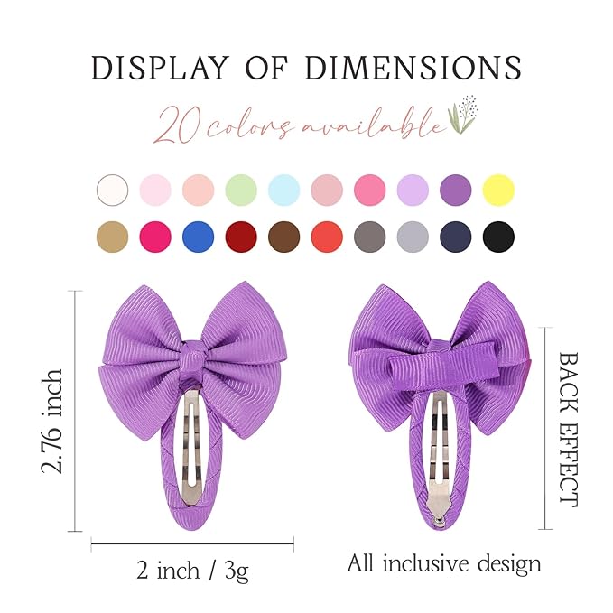 40PCS Snap Hair Bows Clips with Grosgrain Ribbon for Girls, 2 Inch Hair Accessories for Kids and Teens