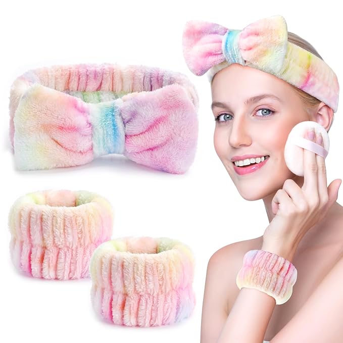 3PCS Spa Headband and Wristbands Set for Women, Soft Microfiber Face Wash Headband with Cute Bow, Elastic Absorbent Wrist Towels, Makeup Skincare Accessories for Facial, Shower, Yoga