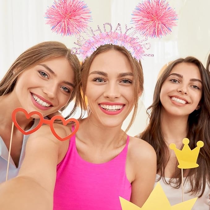 CIEHER Birtday Girl Crown Birthday Headband for Women Girls Bday Party Decorations - Pink Ball