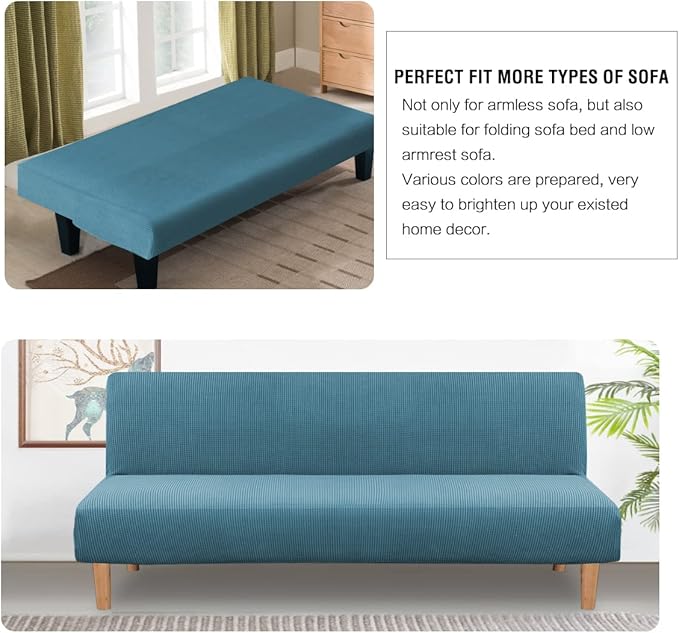 H.VERSAILTEX Armless Futon Cover Stretch Sofa Bed Slipcover Protector Elastic Feature Rich Textured High Spandex Small Checks Jacquard Fabric Futon Cover, Machine Washable, Storm Blue